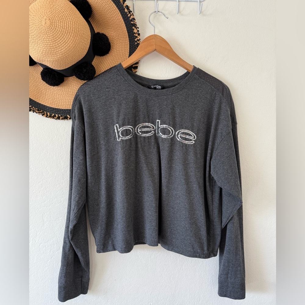 Bebe Sport Gray Silver Sequin Long Sleeve Tee XL